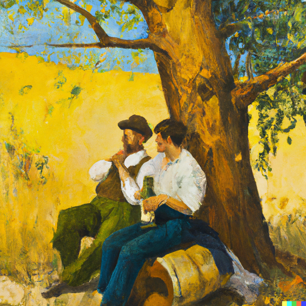Two men sitting under a tree drinking from a barrel in the style of Monet. This is the result, courtesy of Dallee-2, an incredible AI text to art program.