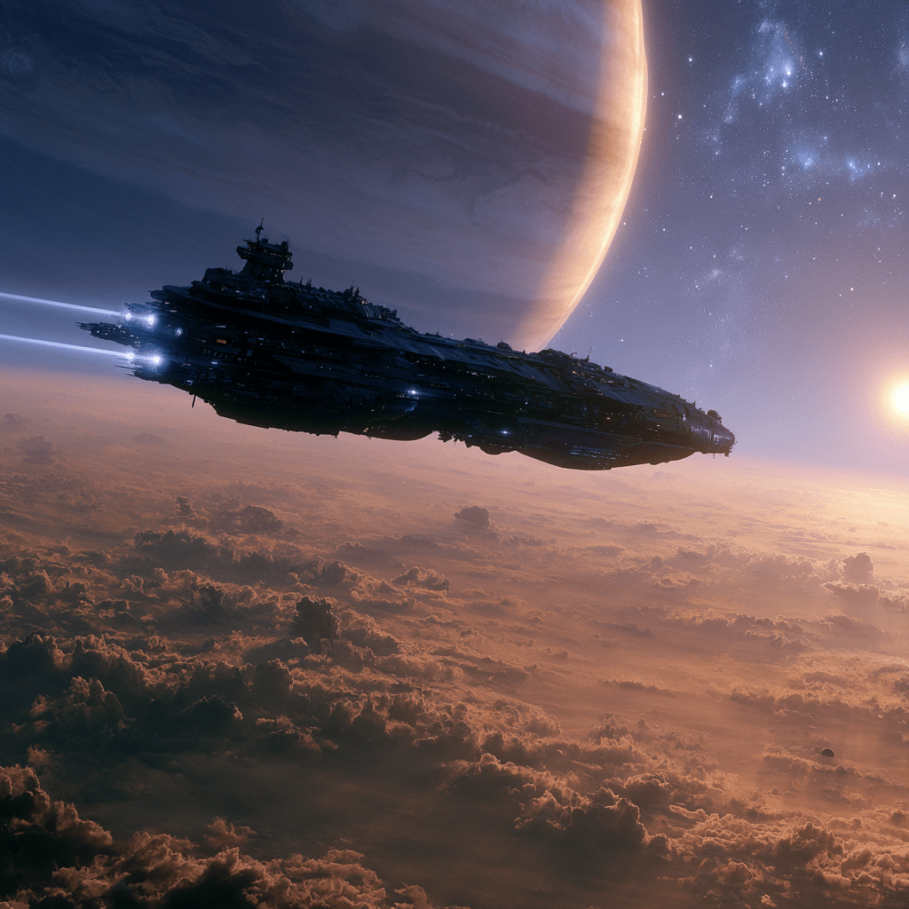 A Science Fiction / Sci-Fi image of a spaceship traversing a solar system